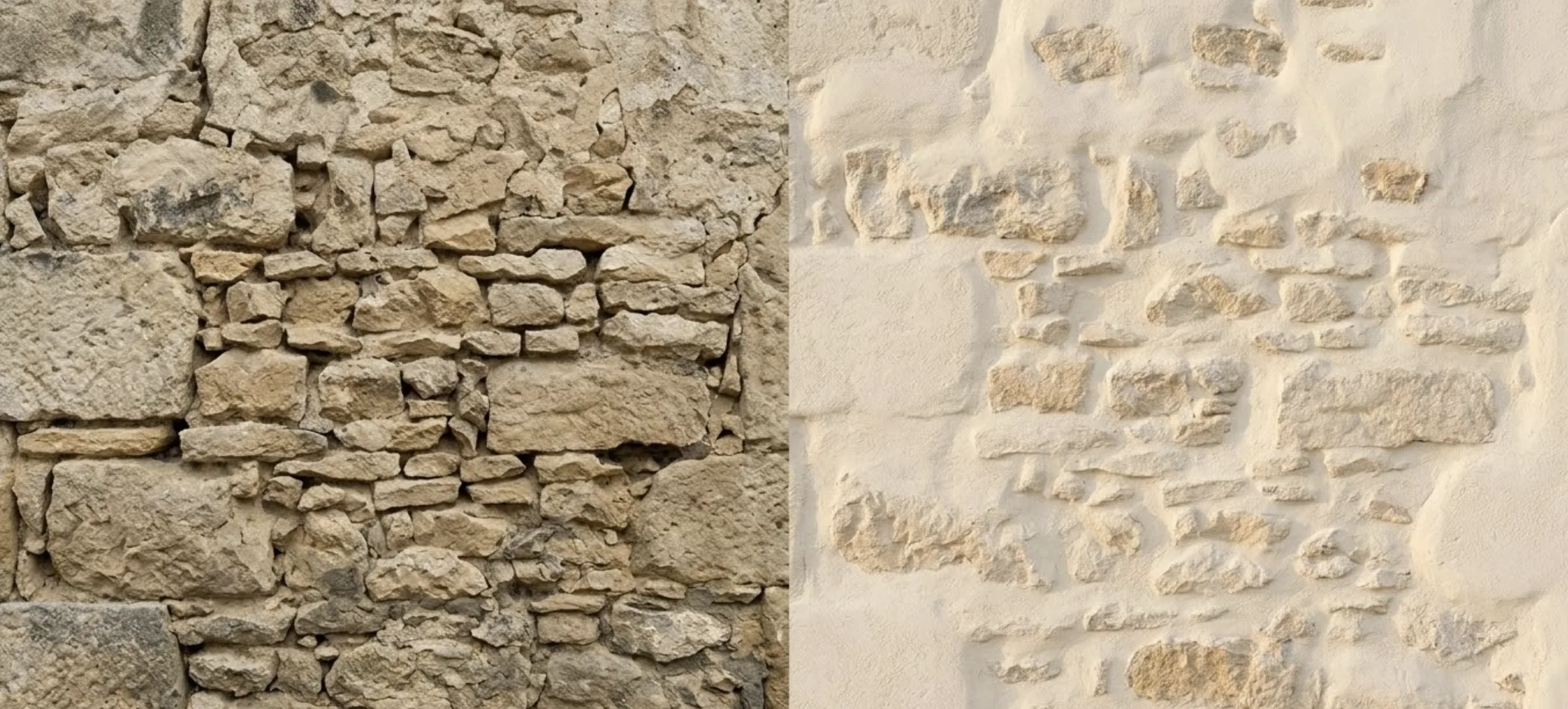 Comparaison : à gauche un mur en pierre apparente avec des joints creux; à droite un mur en pierre vue avec l'enduit affleurant
